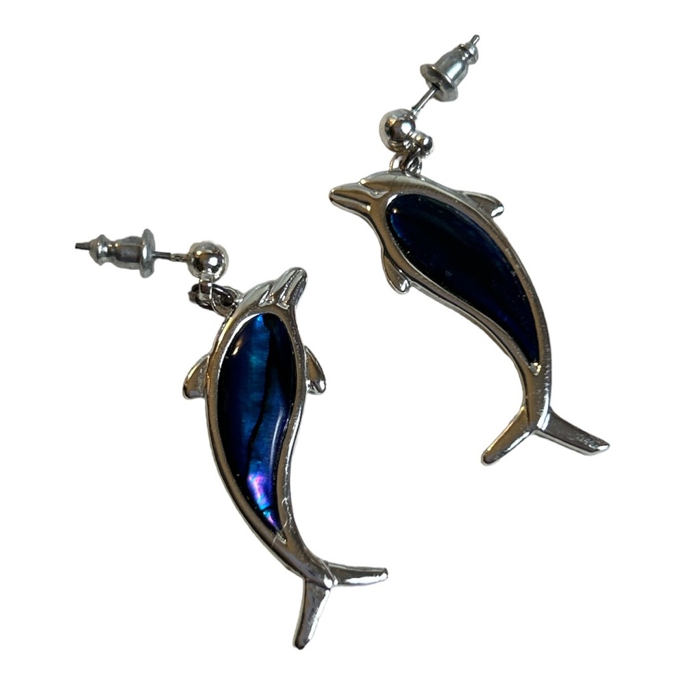 Dolphin Earrings Silver Tone Dangle Paua Abalone Shell Lord & Taylor